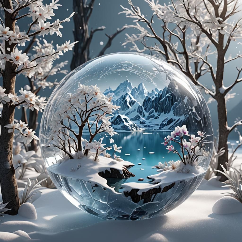 Utopian Snowy Island Oasis in Crystal Globe