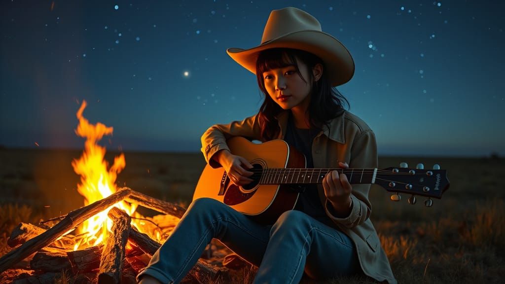 Japanese Cowgirl Playing Guitar on Texas Prairie
