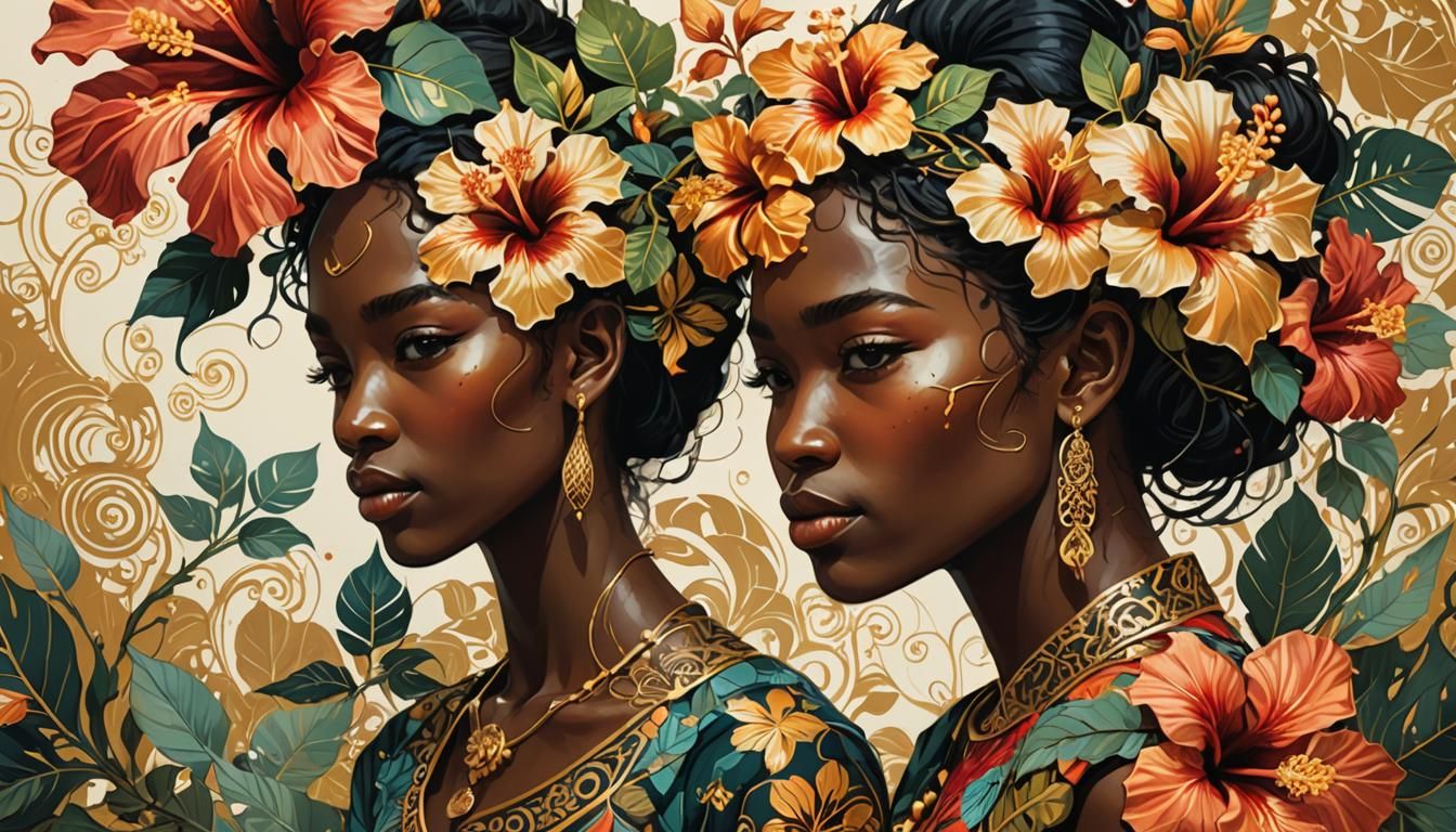 Hibiscus in African Batik Style with Golden Outlines