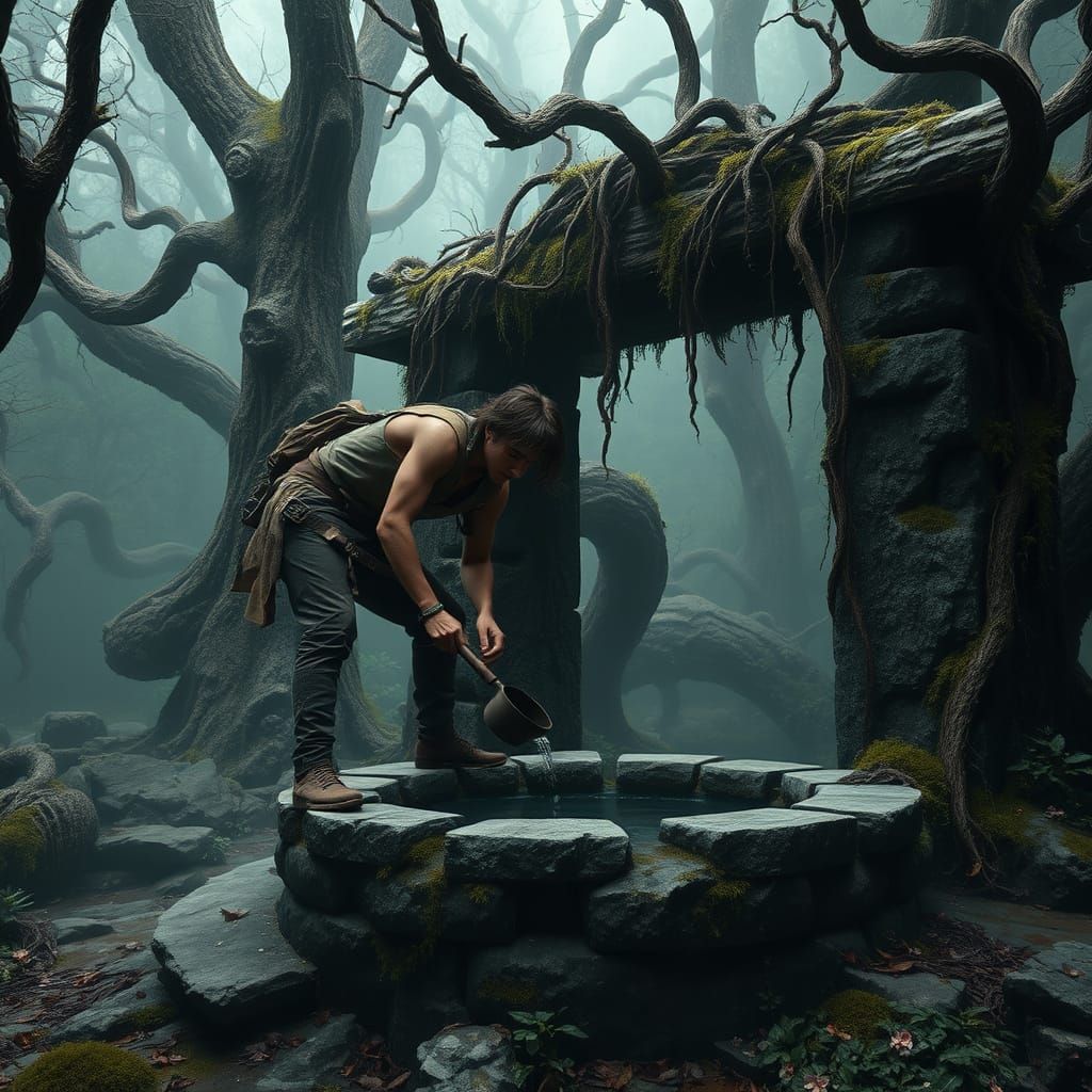 Young Man Draws Water from Ancient Well in Haunting Forest