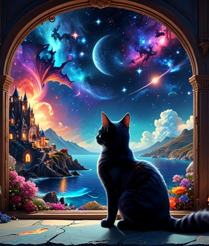 Peaceful Baroque Study with Cat and Celestial View