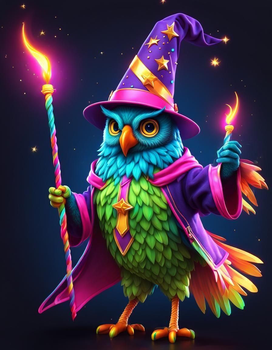 Neon Wizard Owl Celebrates a Birthday