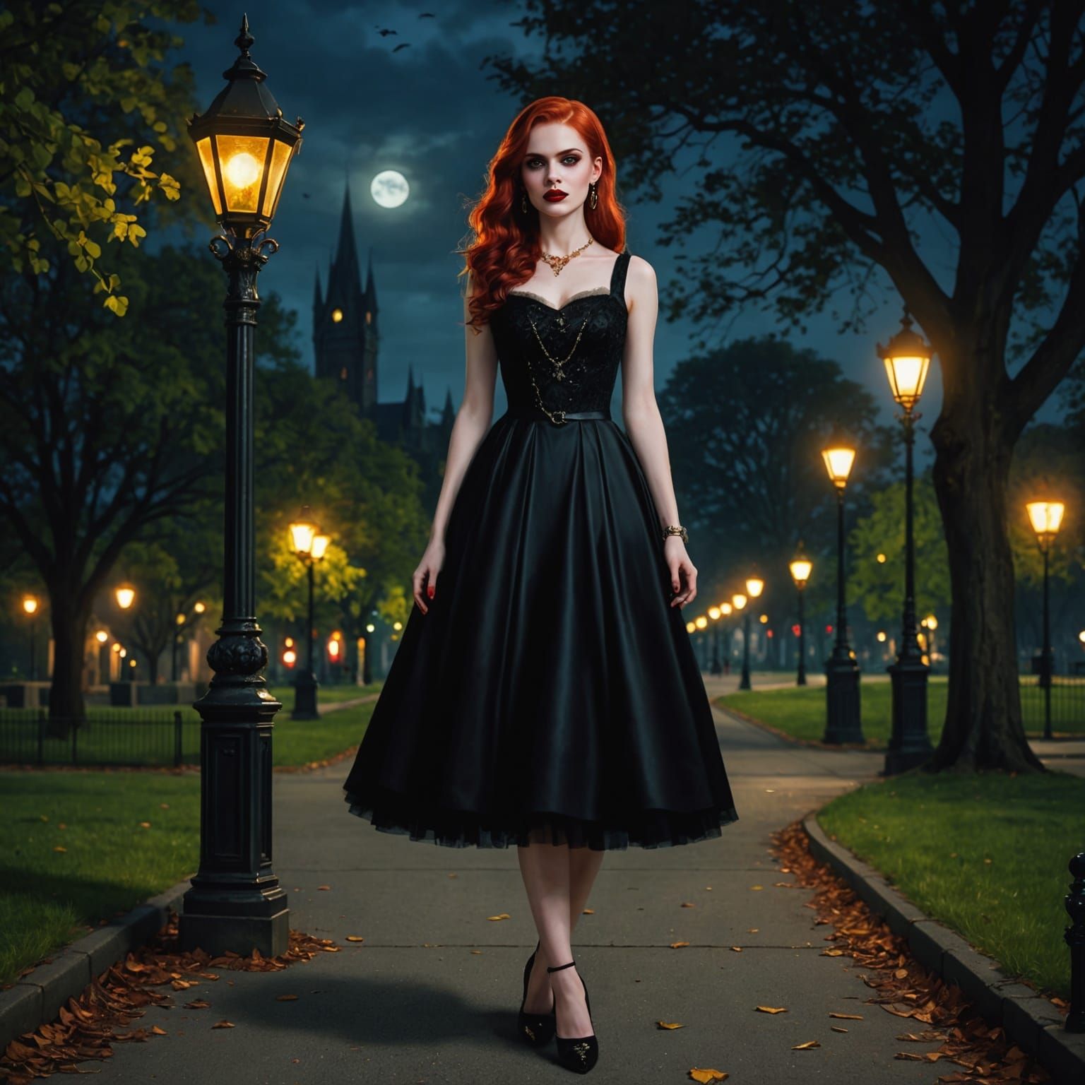 Vampire in Gothic Dress at Night Park