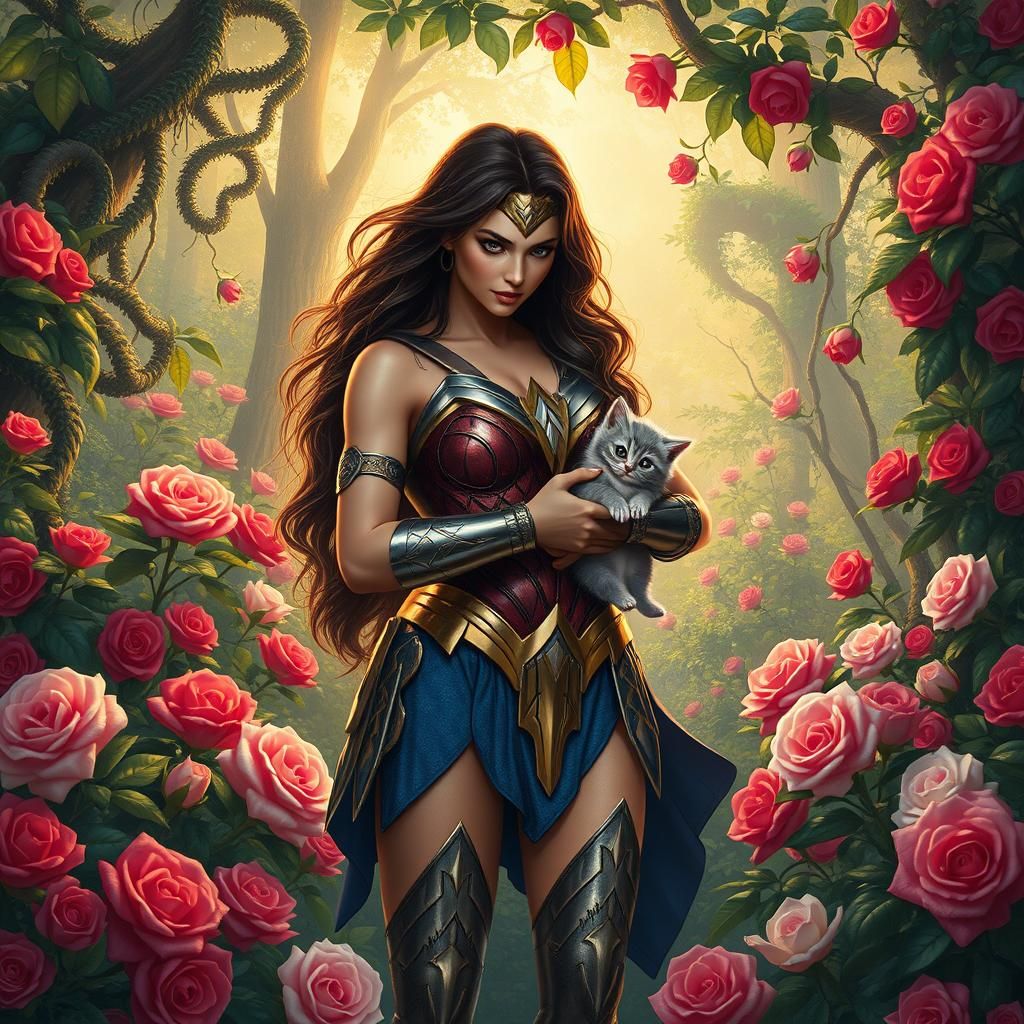 Wonder Woman with Kitten in Rose-Filled Rainforest