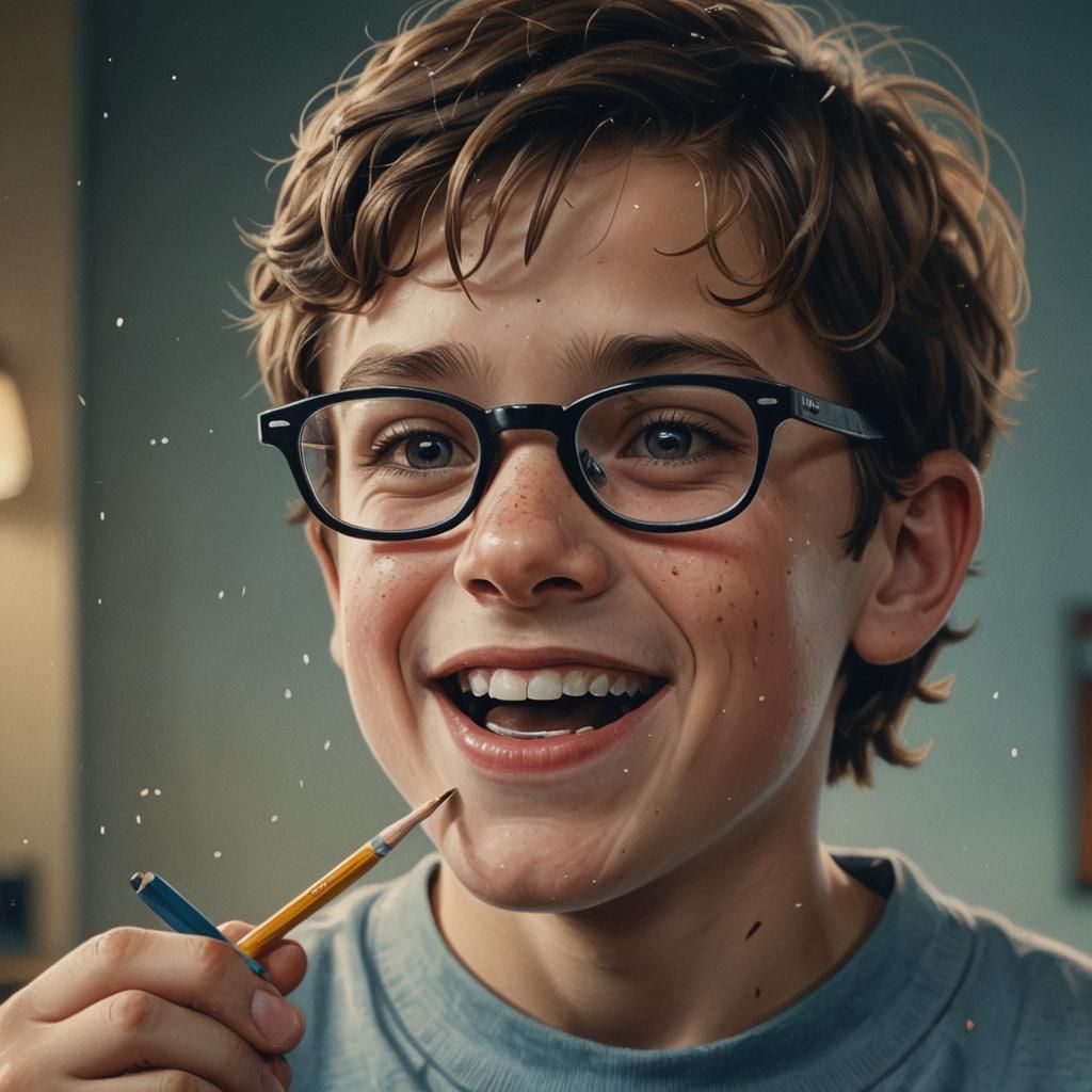 Happy Boy with Pencil Sharpener: Oil Painting Photography