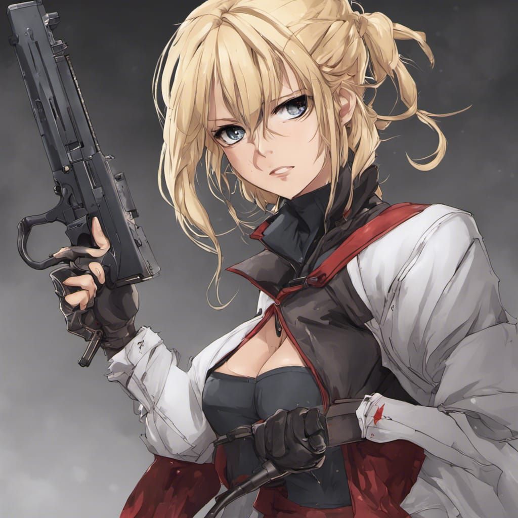 Blonde Assassin with Gun in Anime Key Visual Style