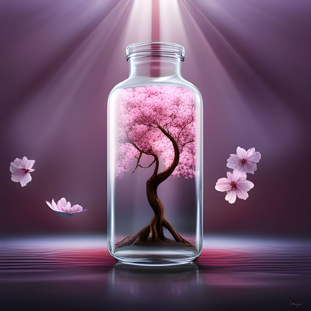Cherry Blossom Tree in a Bottle: Digital Art