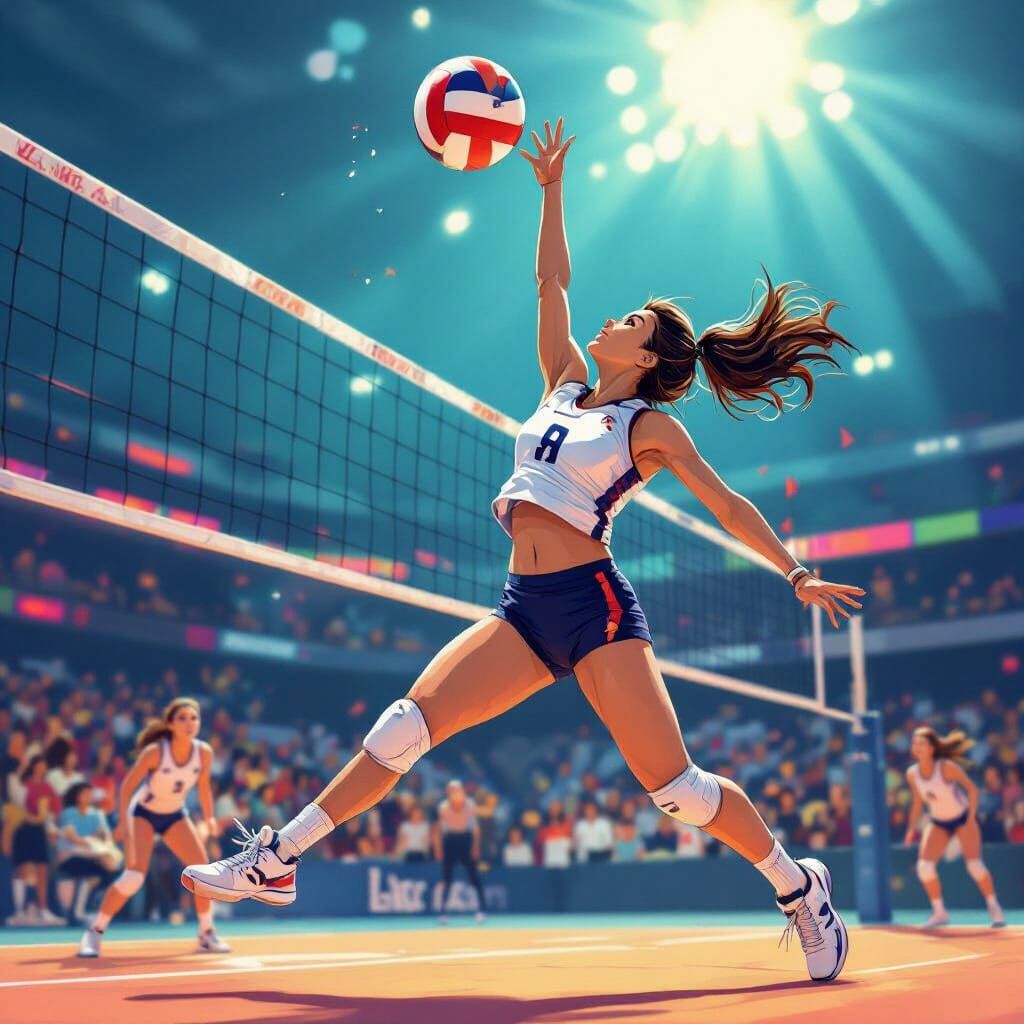 Volleyball Player Spiking Ball in Vibrant Digital Art