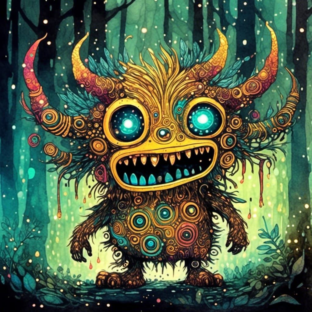 Grumpy Forest Monster Dancing: Watercolor and Ink Sketch