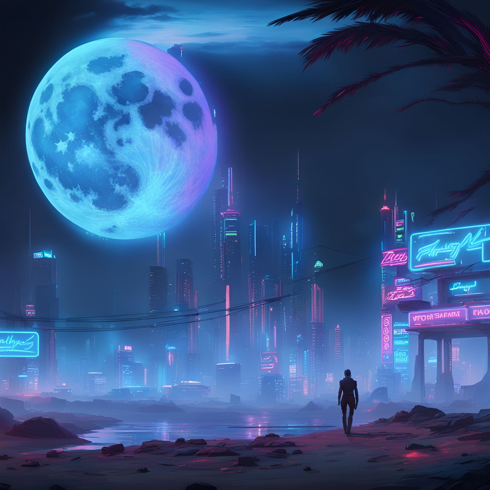 Fantasy blue moon and landscape, cyberpunk 2099 blade runner 2049 neon