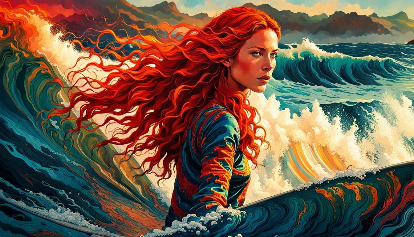 Fiery Haired Surfer on Lava Flow