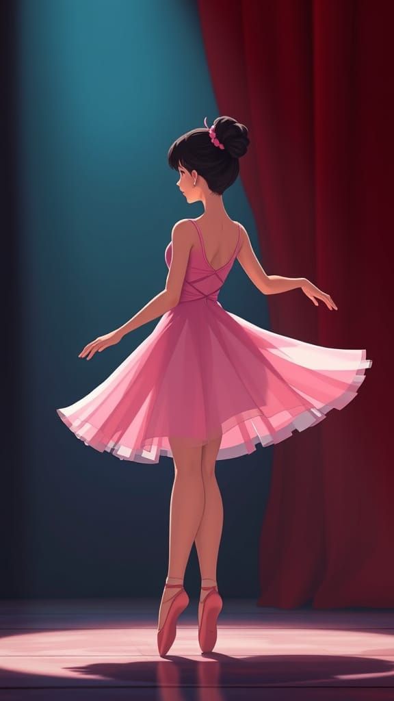 Japanese Ballerina Pirouette in Dreamy Cartoon Style