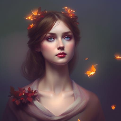 Ethereal Cottagecore Princess Portrait with Fireflies