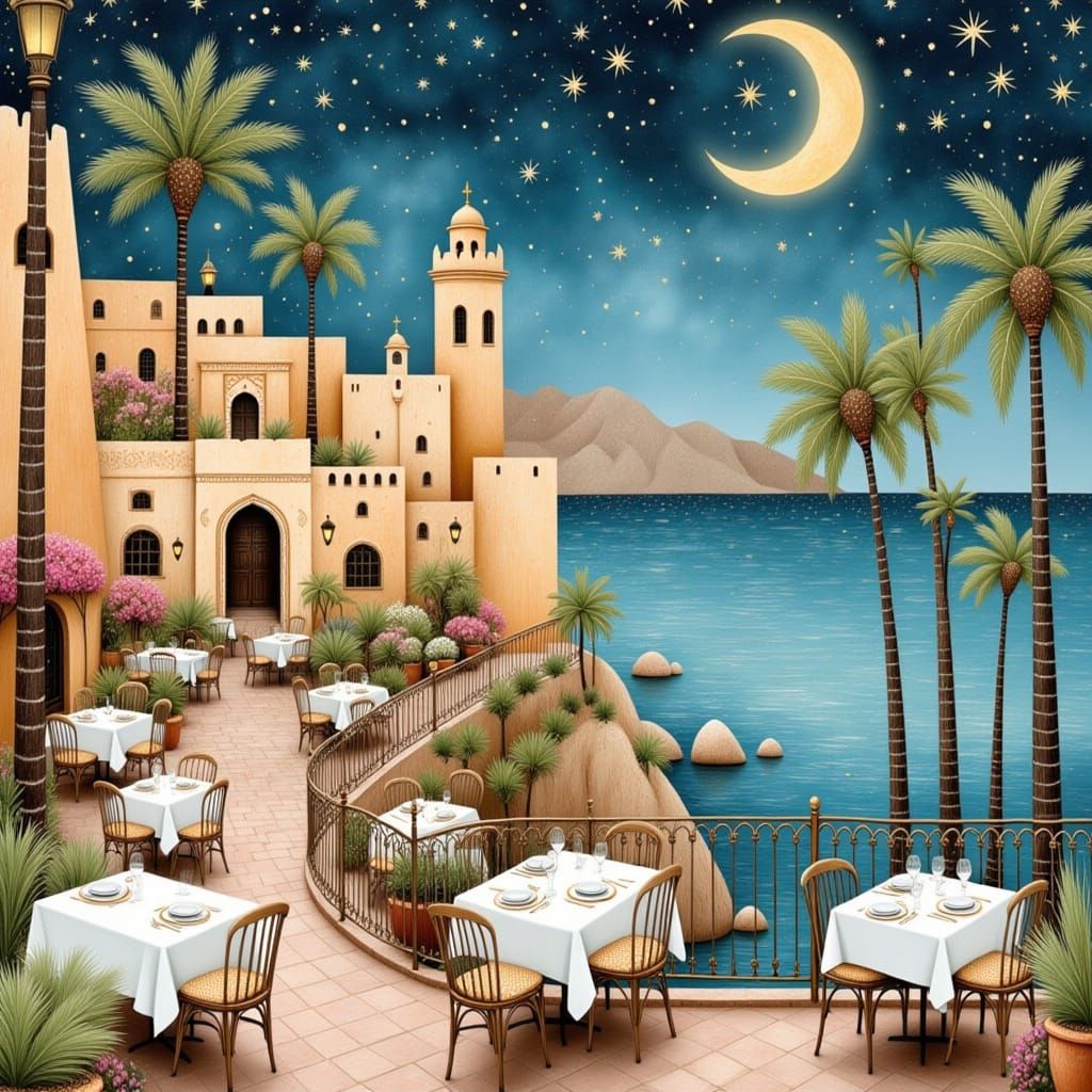 Moroccan Terrace: Whimsical Vector Art and Watercolor Illust...