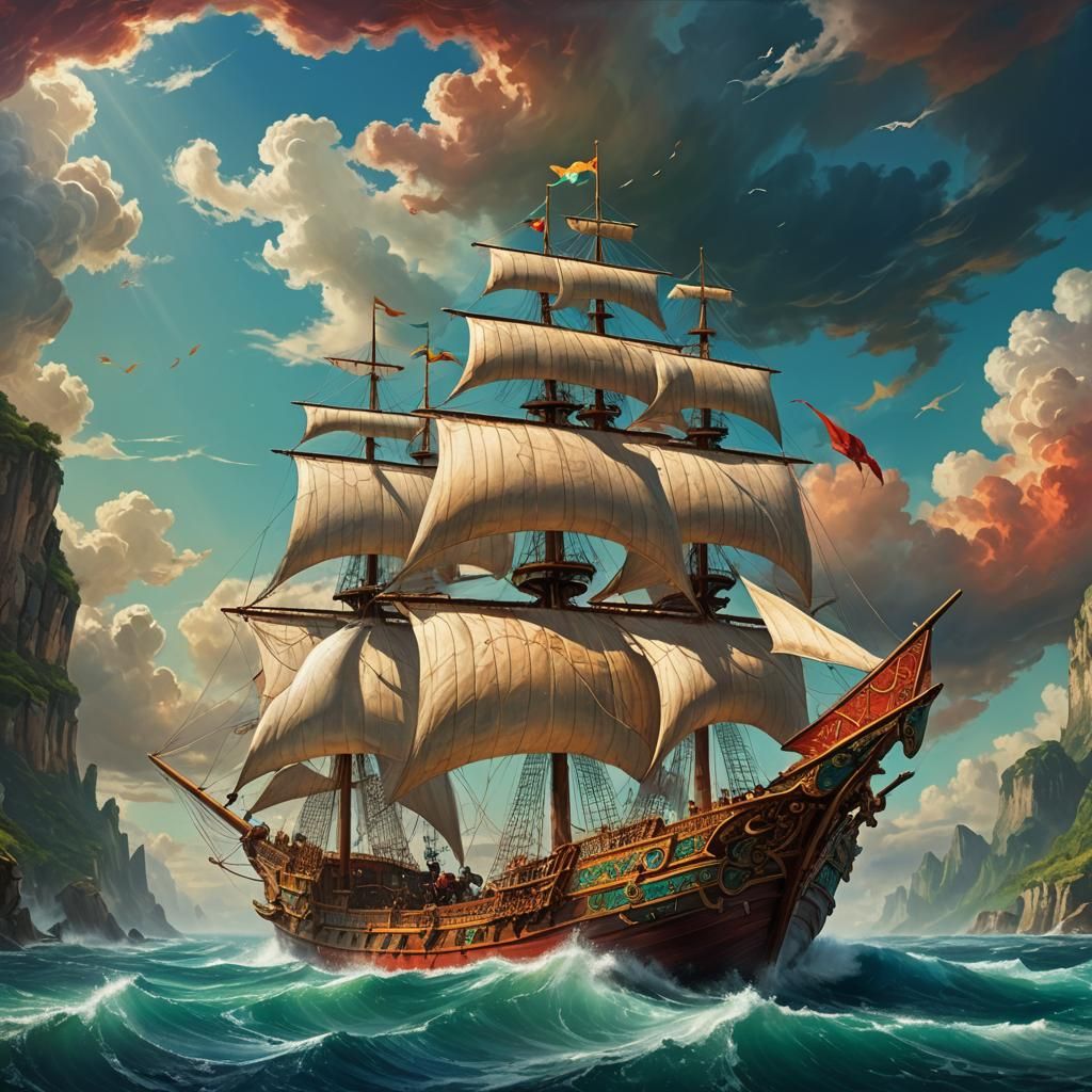 Merchant Ship Sailing Mystical Seas as Oil Painting