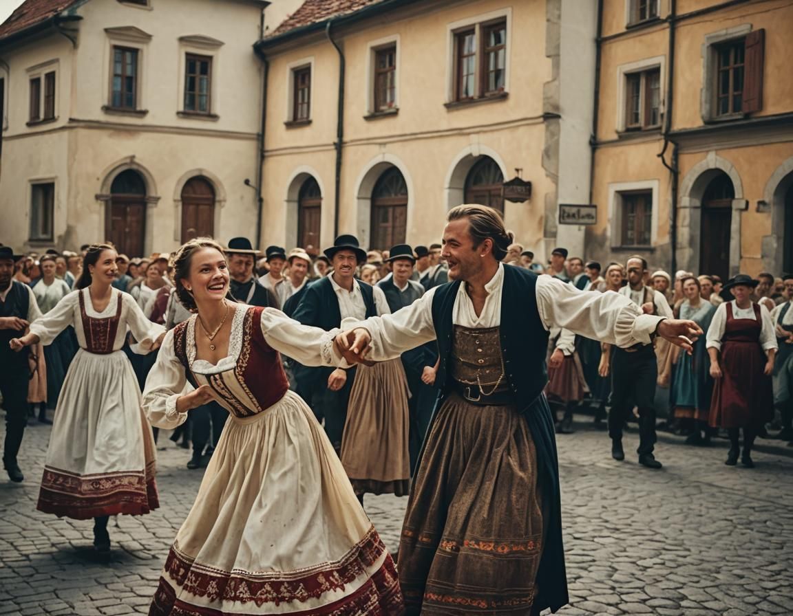 Moravian Woman Dancing in Kyjov Dress: Cinematic Still
