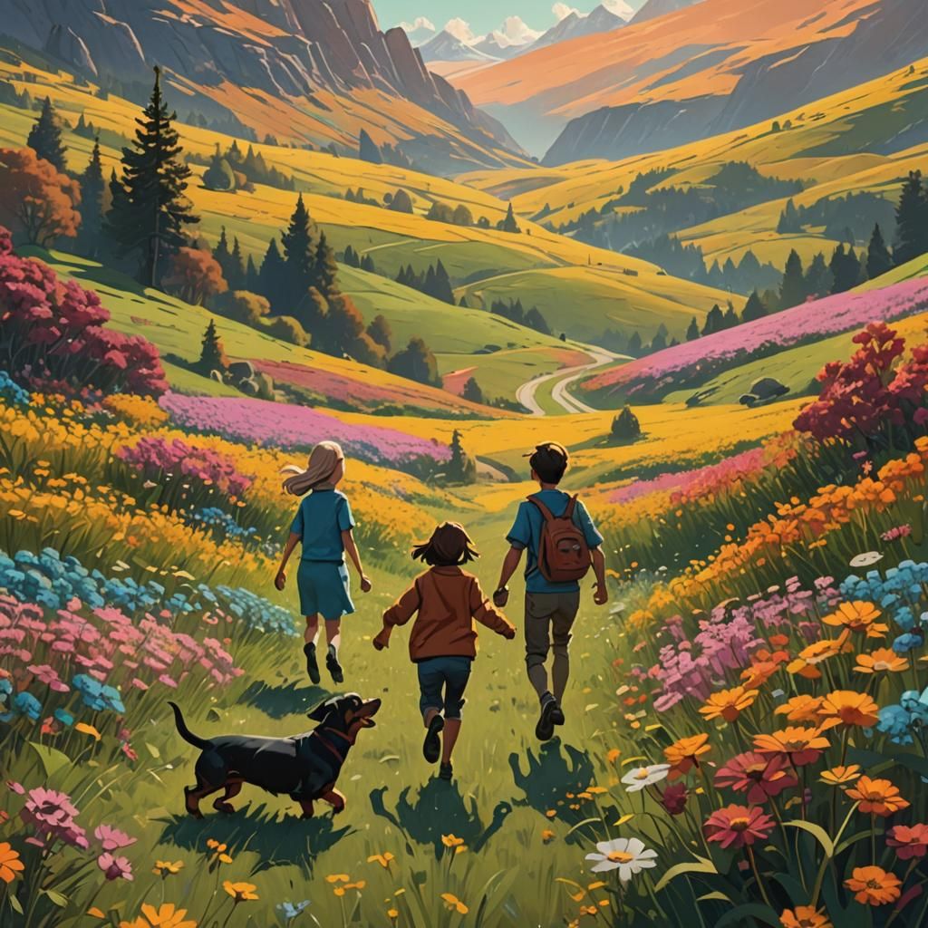 Children Run Through Flower Field, Digital Matte Painting