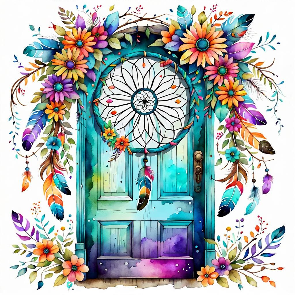 Retro Door with Flower Vines in Watercolor Style