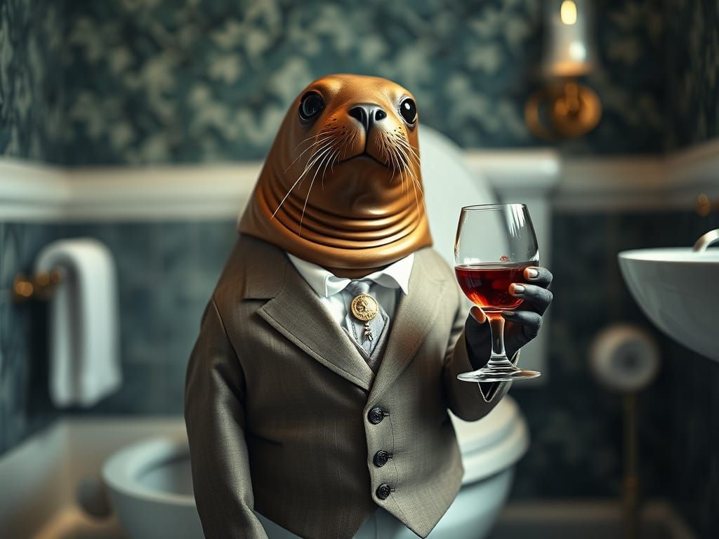 Haughty Seal in Waistcoat with Sherry, Luxurious Bathroom