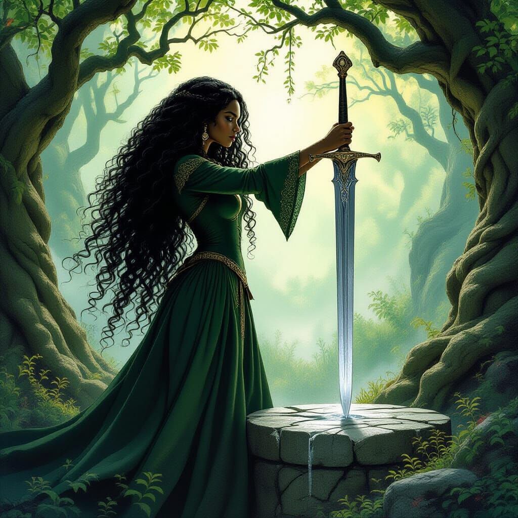 Morgaine Grasping Excalibur in Mystical Forest