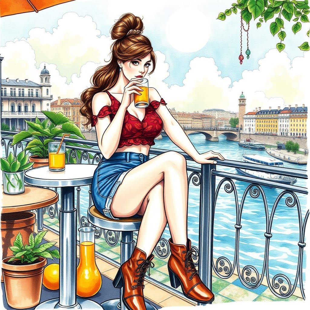 A stunning woman, with brown hair, nessy bun , wearing blue shorts, a red top with leaves, high-heeled boots, sitting on...