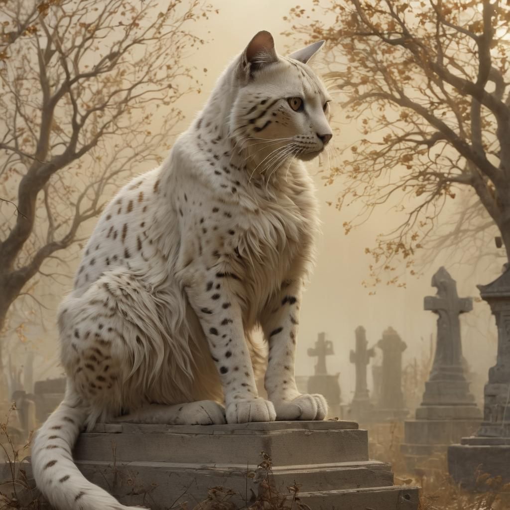 Ghost Cat in Ruined Graveyard, Arthur Rackham Style