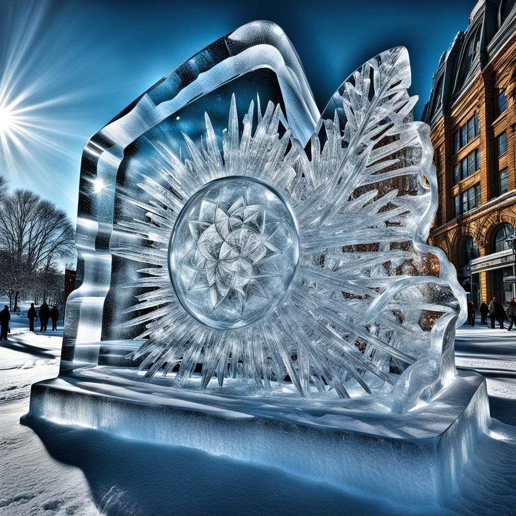 Hyperrealistic Ice Sculptures in Sunlight: Mythical Creature...