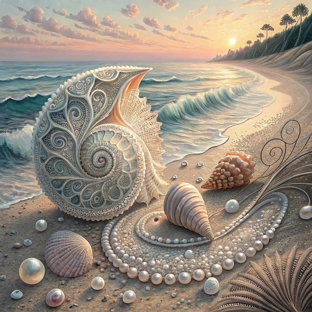 Seashells and Pearls at Dawn in Vector Style