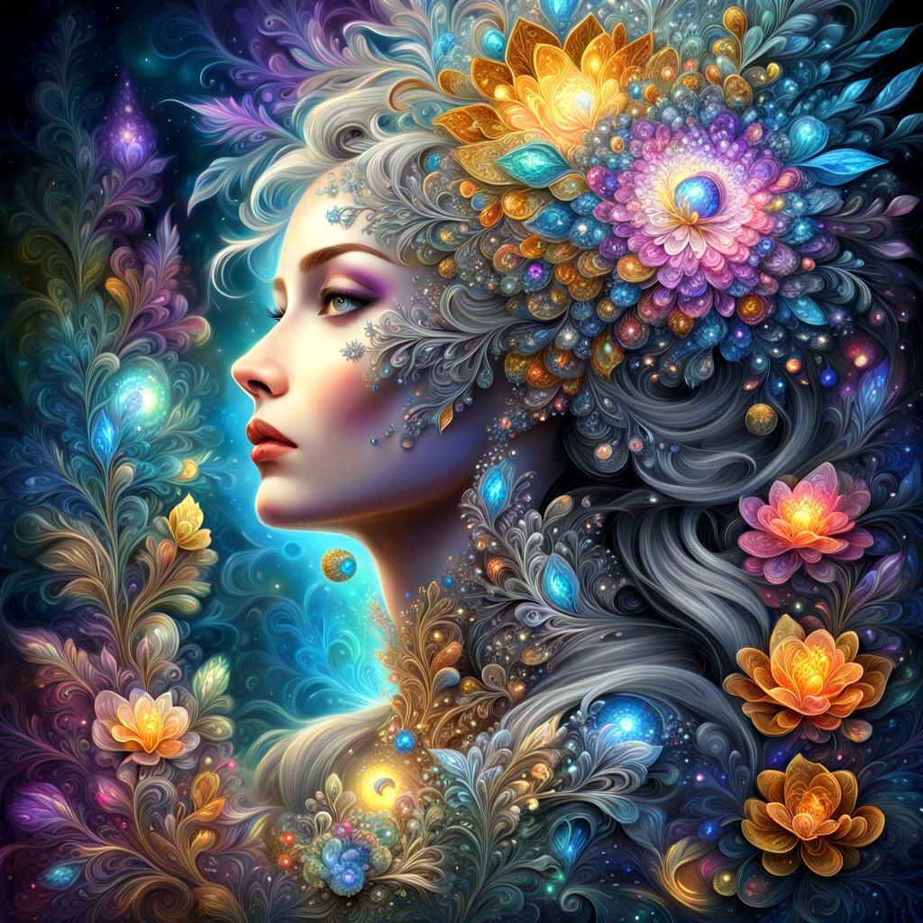 Fractal Crystal Flower Bouquet in Digital Oil Painting