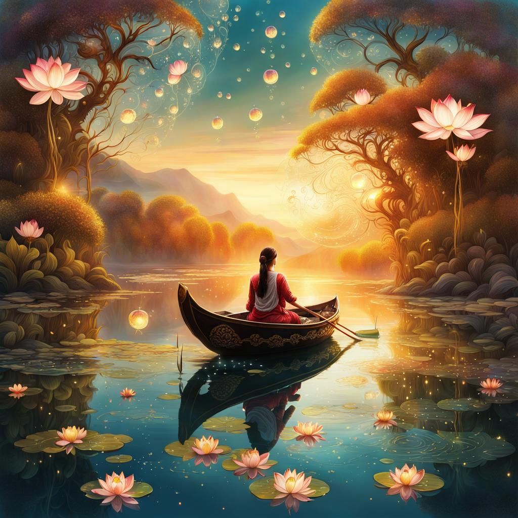 Lotus Lake with Fairies: Intricate Digital Painting
