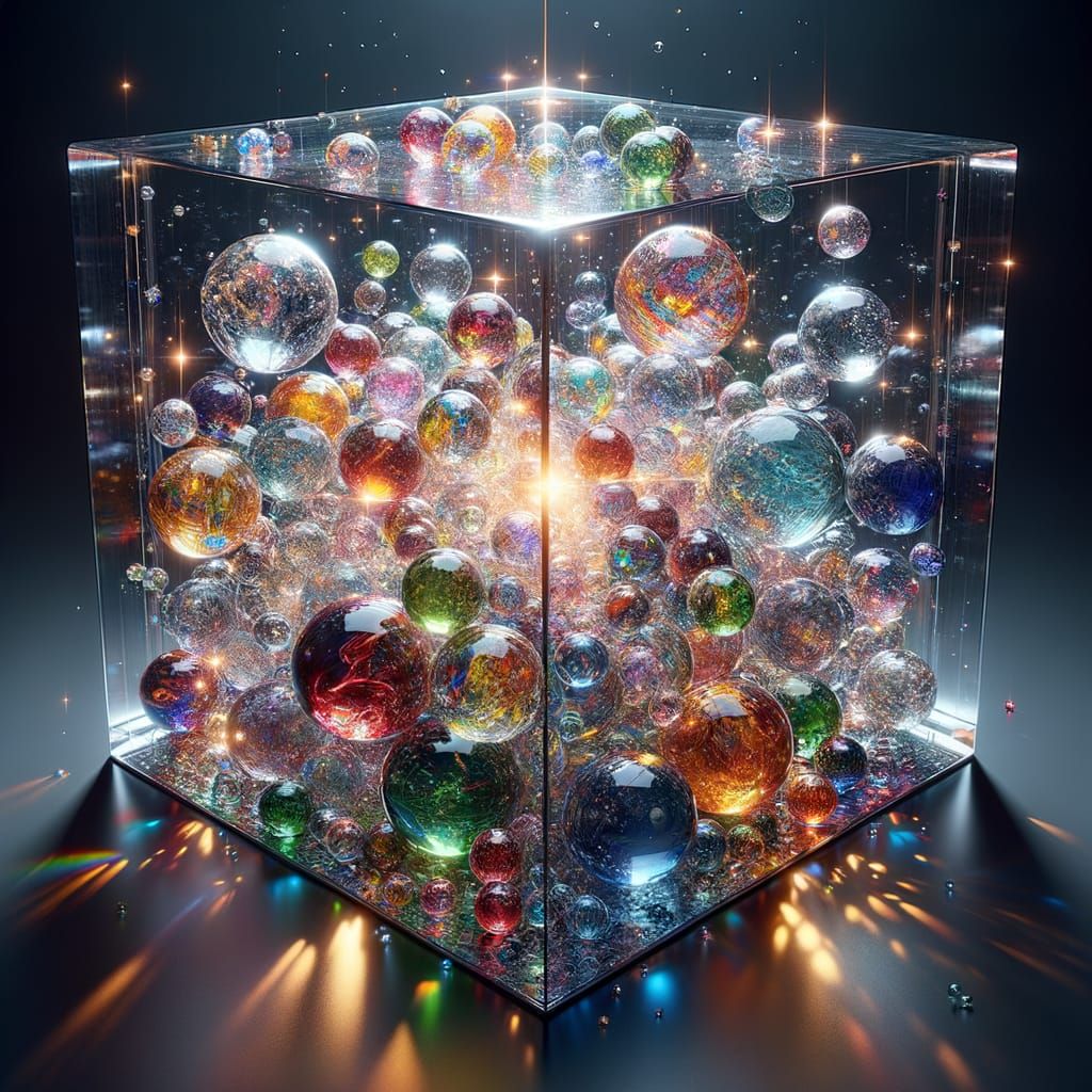 Hyperrealistic Glass Cube Teeming with Colorful Marbles