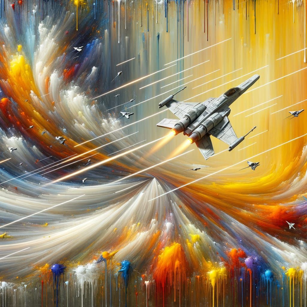Surrealist Oil Painting of Starfighters in Cosmic Motion