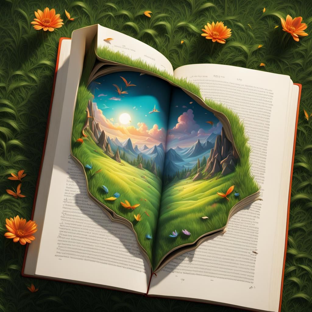 Mythical Lands Emerge from Book, Hyperrealistic Splash Art