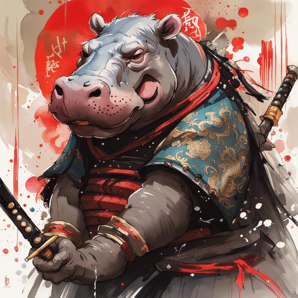 Hippo Samurai in Tokyo: Gouache and Watercolor