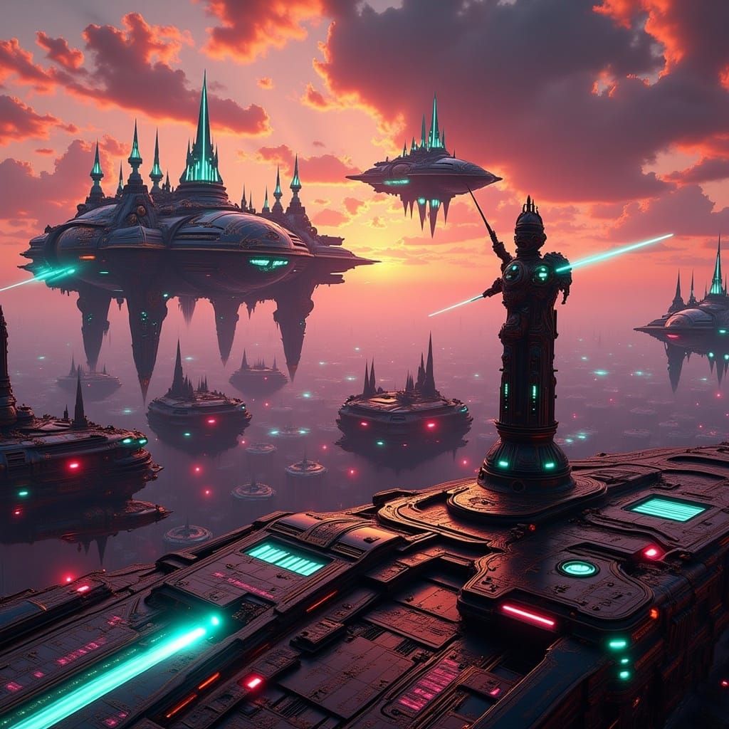 Cybernetic Warriors Clash with Orcs in a Futuristic, Glowing...