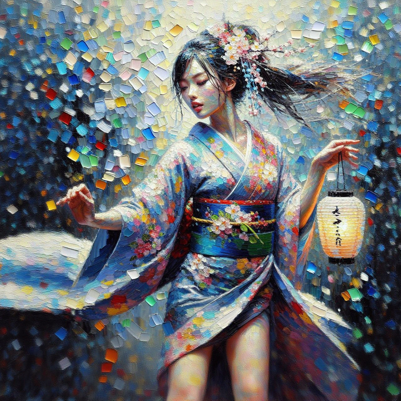 Impressionist Japanese Woman Dancing in Whirling Sakura Garl...