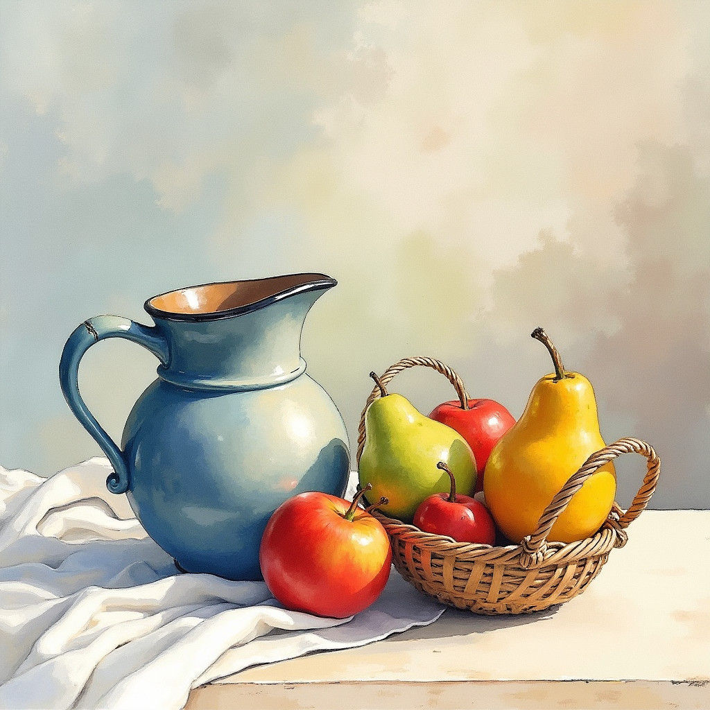 Still Life: Pitcher, Pear, Fruit Basket Watercolor