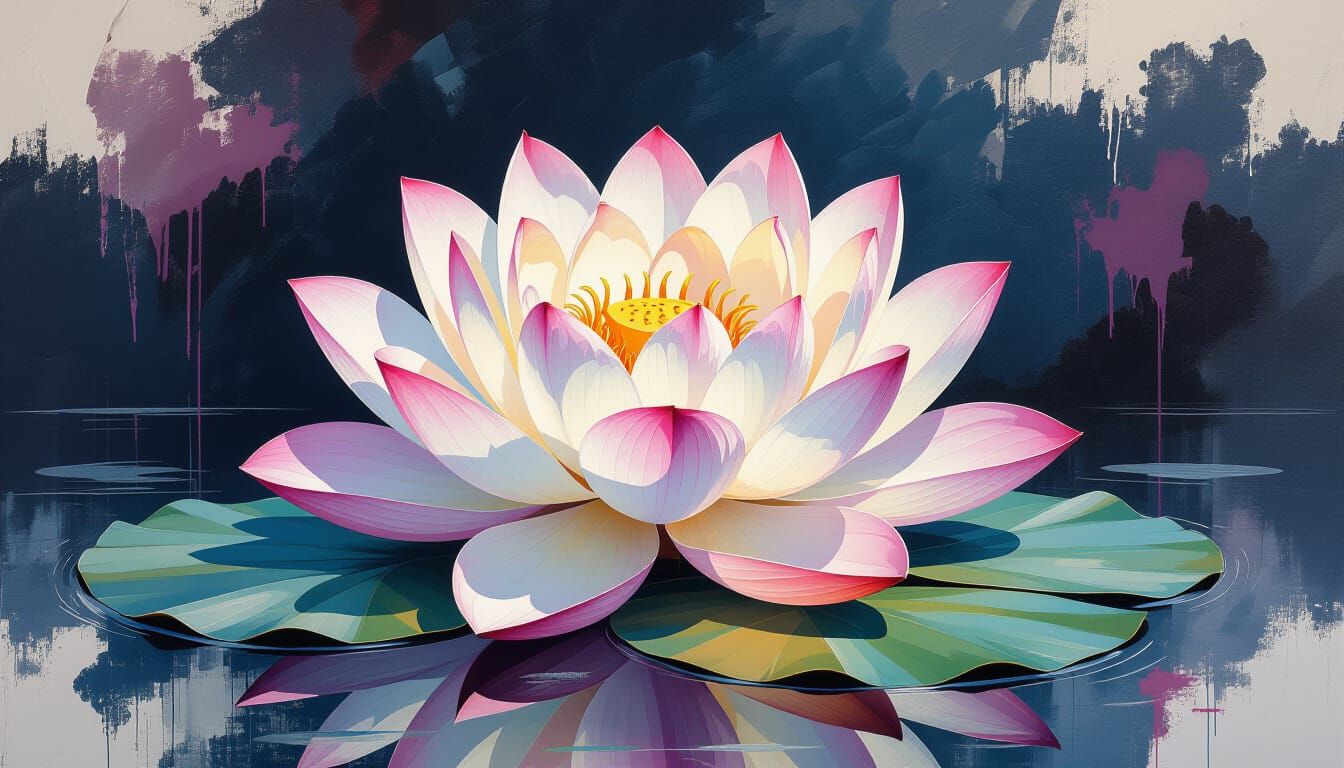 Pink and White Lotus in Gouache Impasto Style