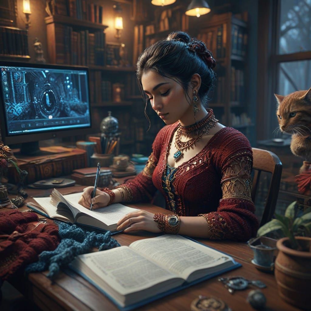 Lady in Crocheted Outfit Focuses on Computer Work