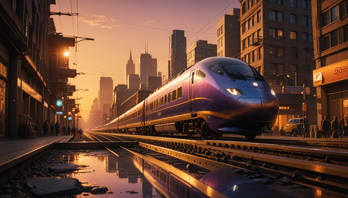 Hyper-Realistic Cityscape Train at Dusk