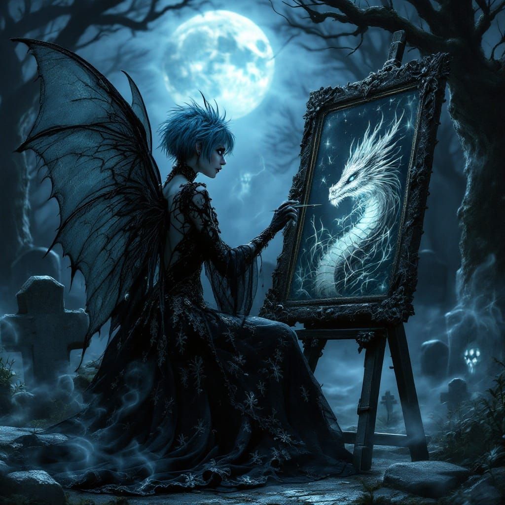 Gothic Fairy Paints Dragon Portrait in Moonlit Graveyard