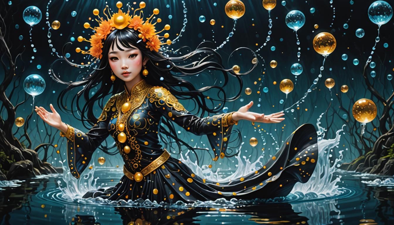 Asian Water Elf Sprite Shaman in Kusama Style