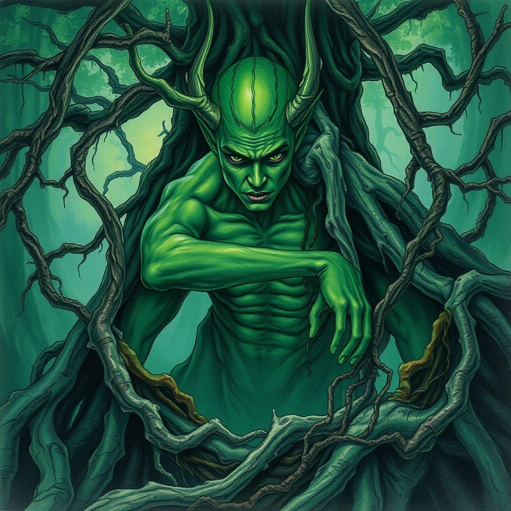 Eerie Green Forest Spirit in Watercolour Style