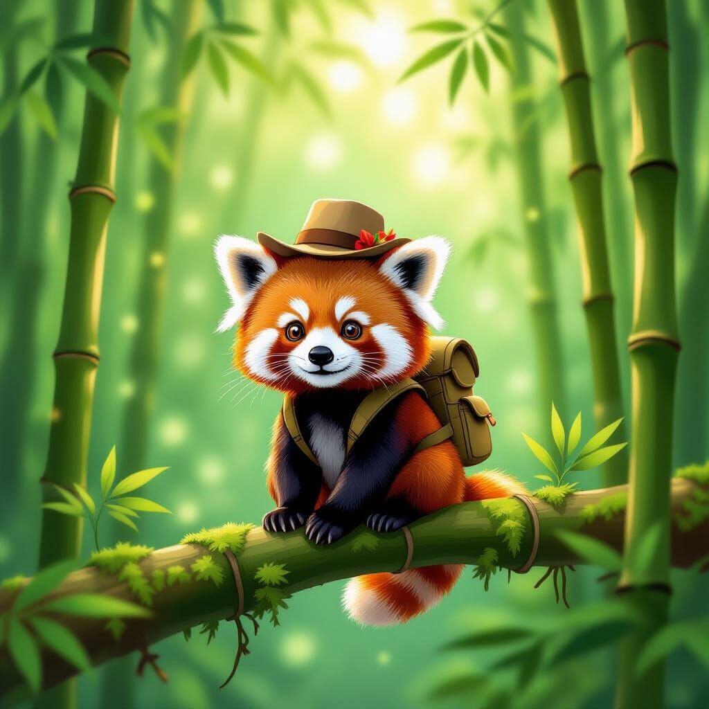 Red Panda Explorer in Bamboo Forest, Picture Book Style
