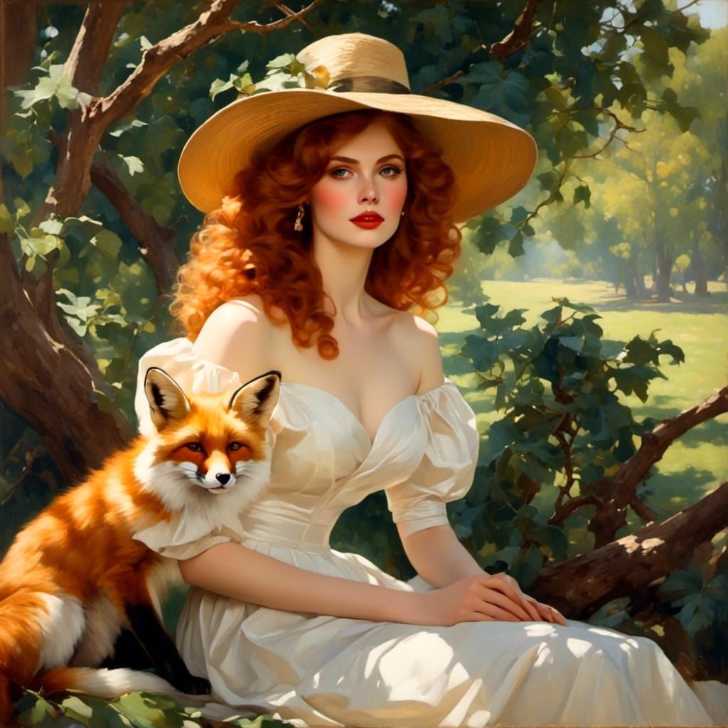 Redhead Woman with Fox in Dreamy Oak Setting