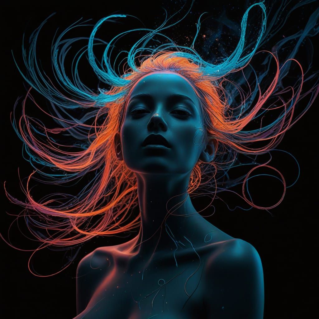 Bioluminescent Woman Gliding Through Cosmos in Surreal Vecto...