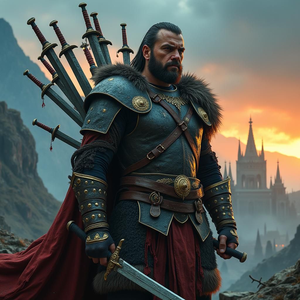 Unyielding Warrior with Swords in Back, Stoic Resolve