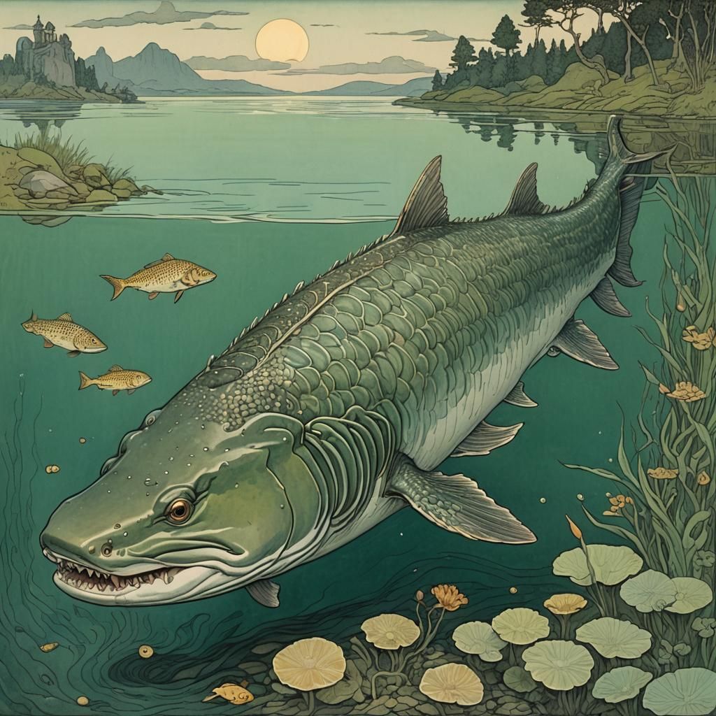 Majestic Sturgeon in Lake: Retro Anime Style
