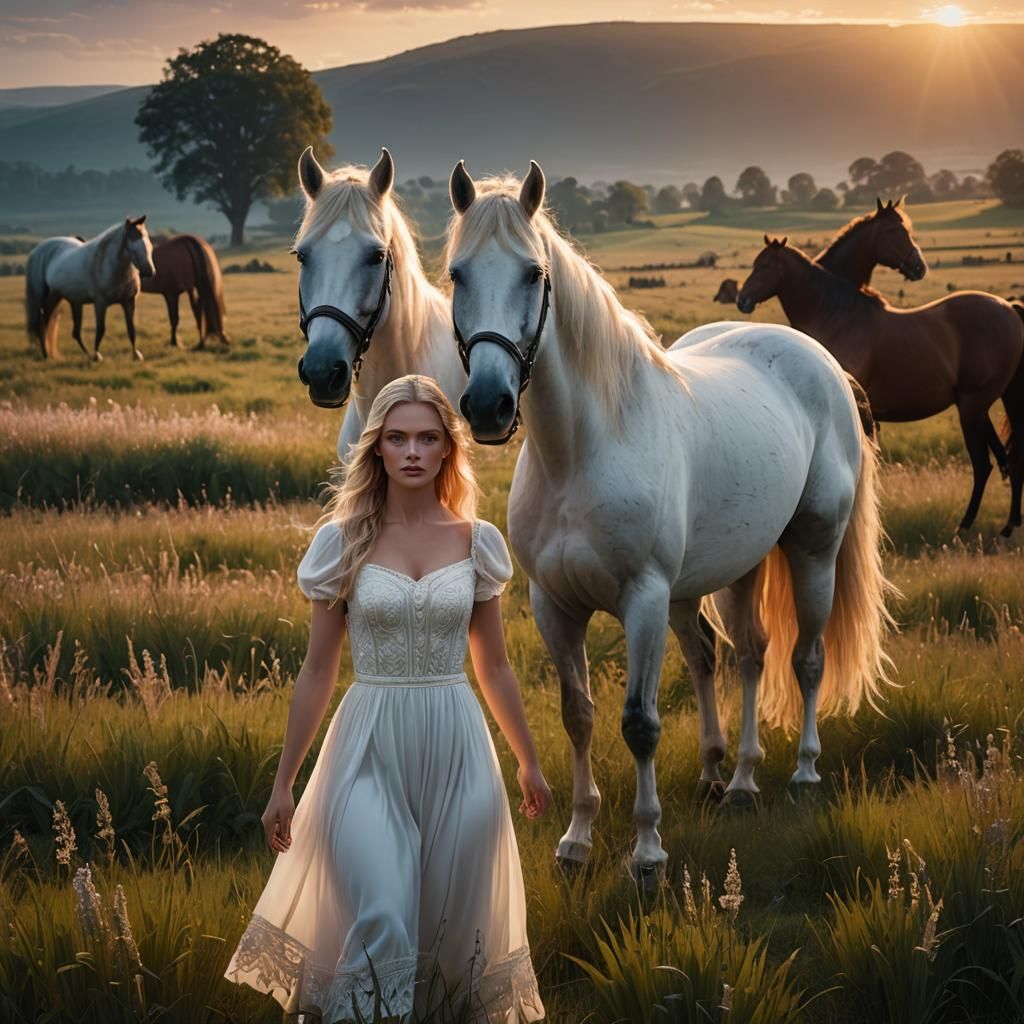 Girl with Horse at Sunset: Fantasy Art