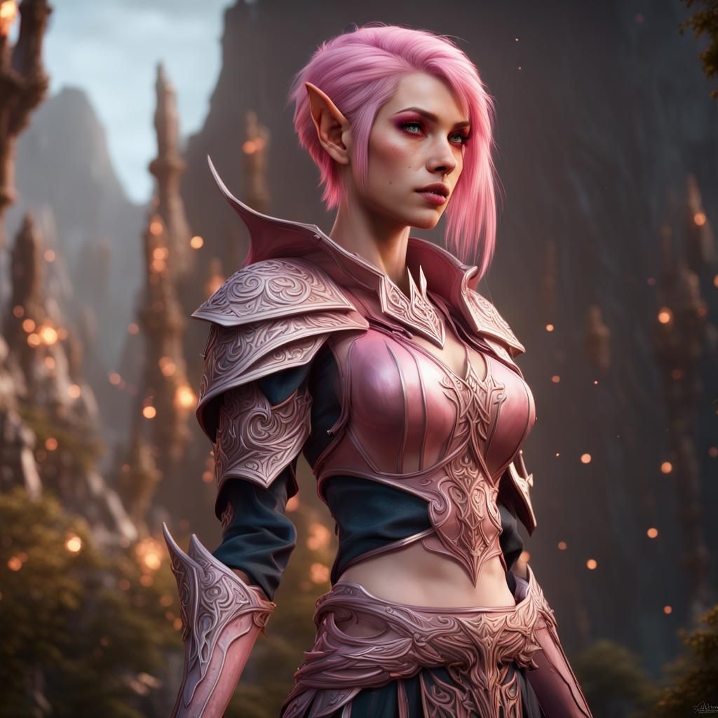 High Elf Wizard with Pink Hair in Detailed Painting